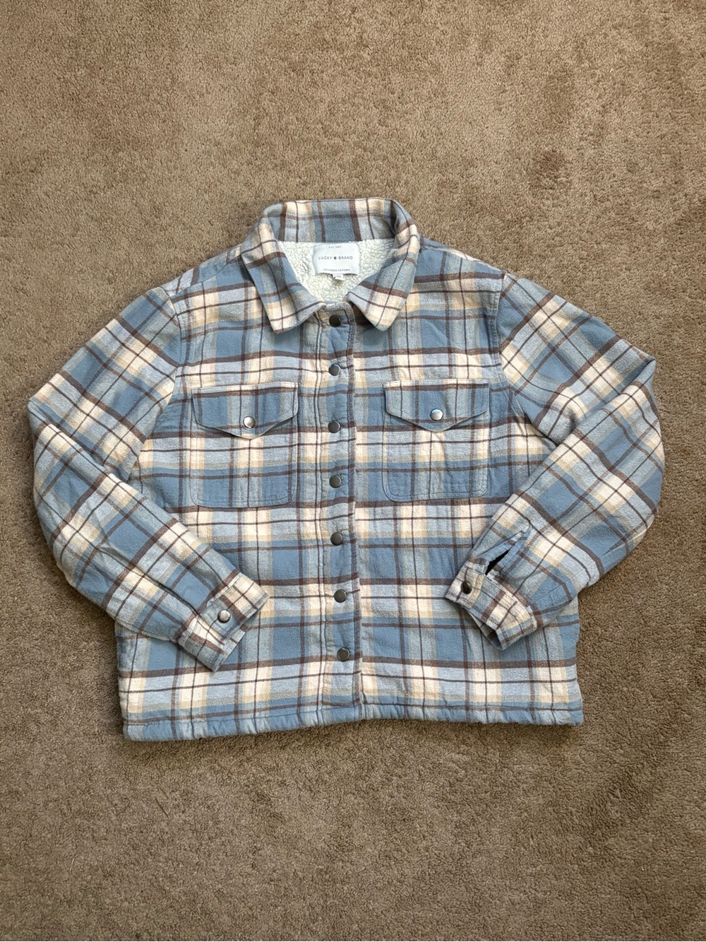 Lucky Brand Womens M Sherpa Lined Plaid Jacket Blue Beige Unique Flannel Coat